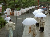 鳥居から御神前に向かって右へ向かい芽の輪を八の字にくぐる