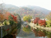 紅葉の嵐山が水面に映える